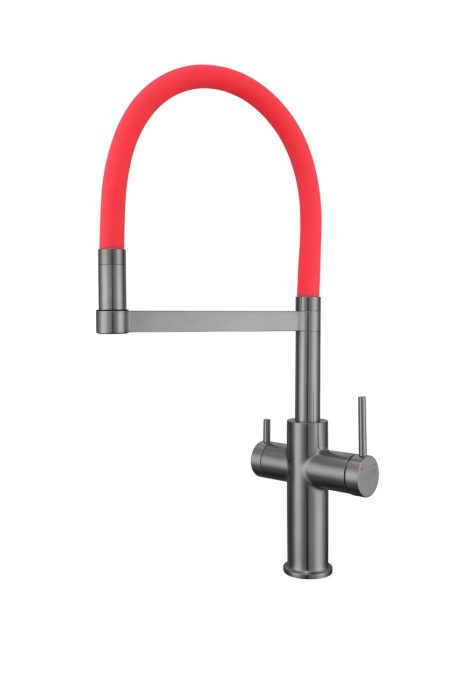 DeRicci DE-784P-GM 3-Way Filter Kitchen Faucet – Gunmetal Grey with Red Flexible Spout